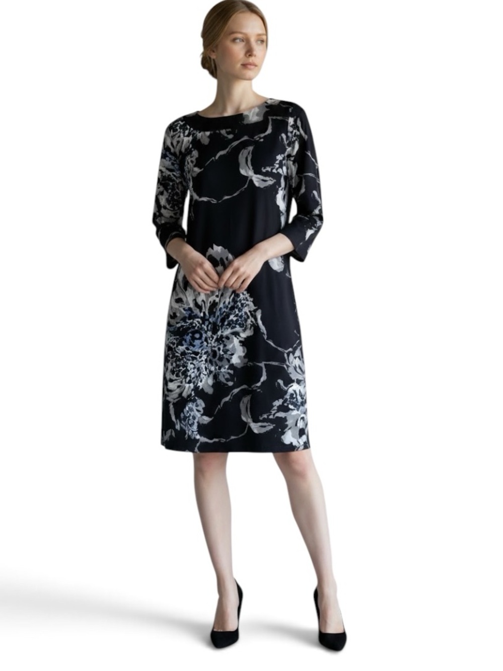 Papillon Blanc Navy, White & Grey Abstract Floral Midi Long Sleeve Dress, Size L